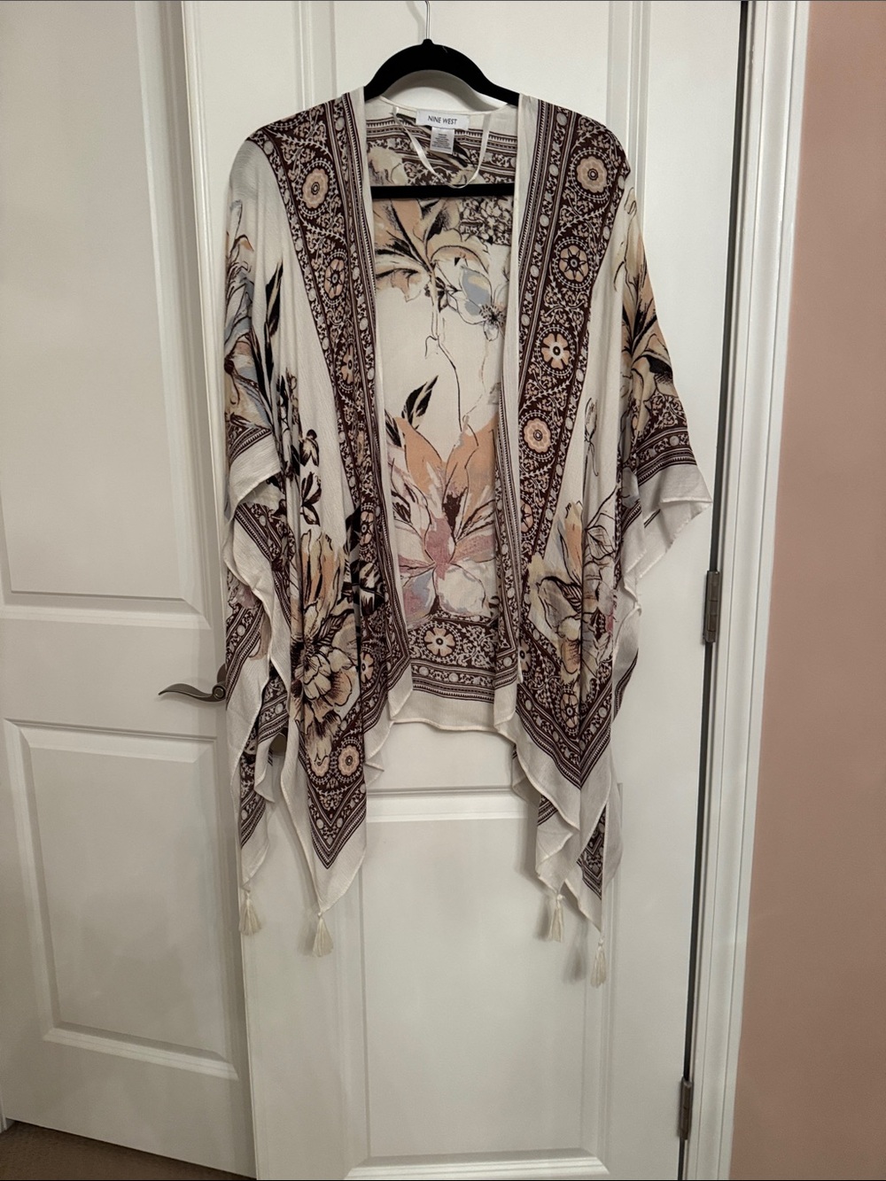 Nine West Cream Floral Tassel Open Kimono with Brown Border